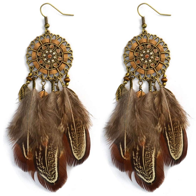 Idealway Punk Vintage Long Tassel Feather Beads Drop Wolf Tooth Pendant Earring Fish Hook Earrings (Brown B) - Image 1
